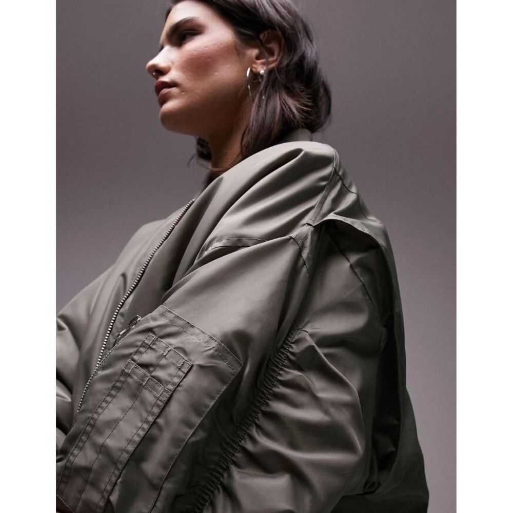 Topshop Womens Oversized Bomber Jacket Green Full Zip Pockets 12 L 130358715